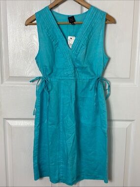 NEW Saks Fifth Avenue Blue Vintage Turquoise Sleeveless Linen Dress Size Small